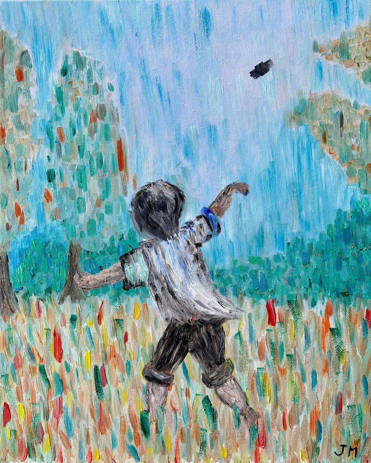 Painting titled Boy, your stone is flying!